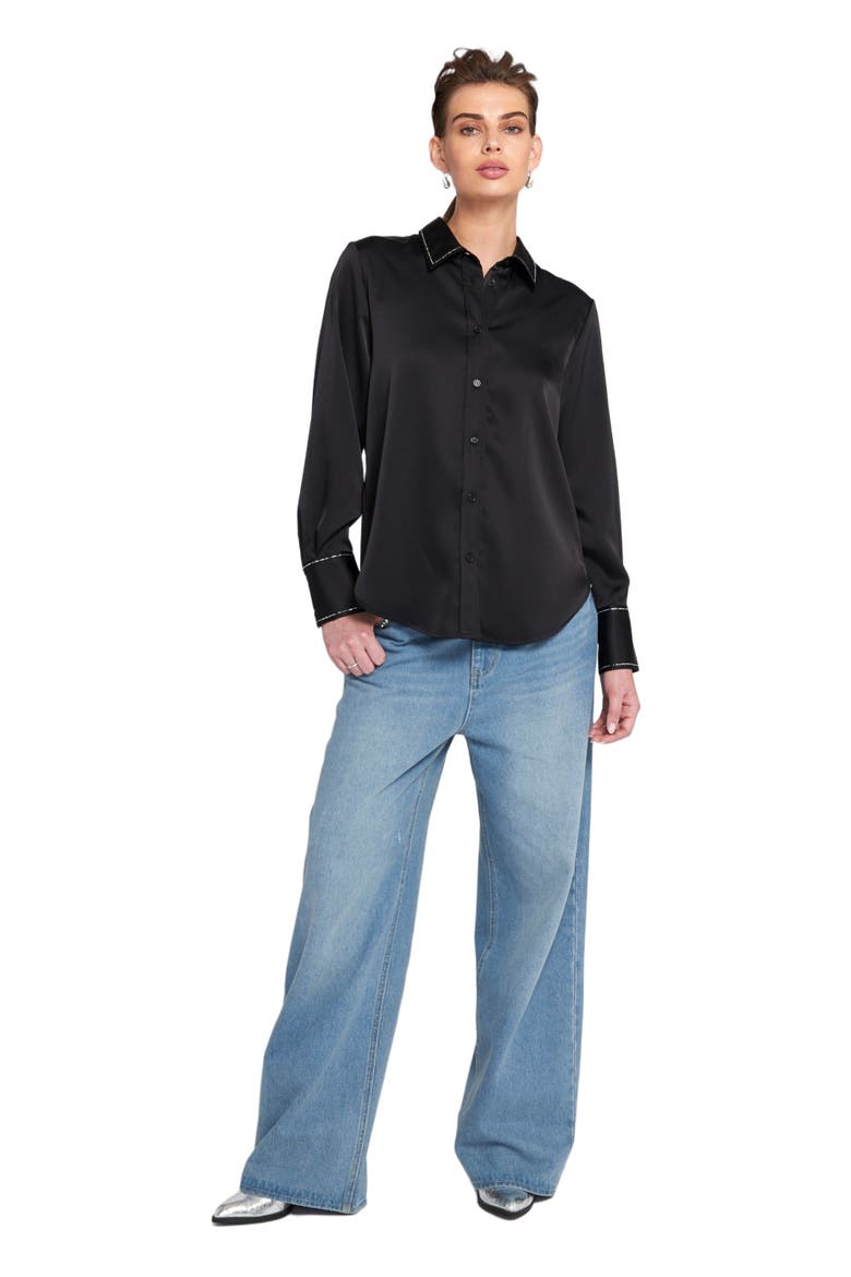 Sparkle Trim Satin Shirt Button Down Top, Main, color, Black/Sparkle