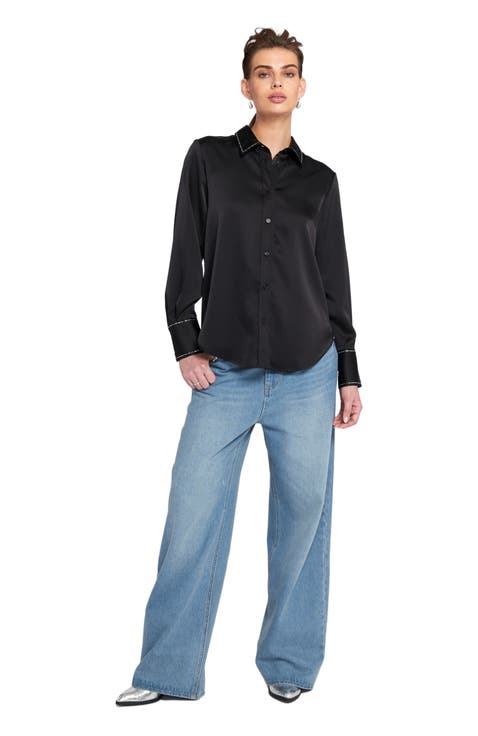 Sparkle Trim Satin Shirt Button Down Top