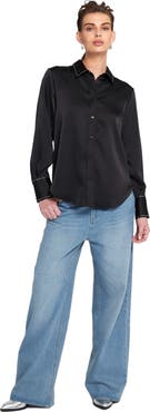 ELLE Collection Sparkle Trim Satin Shirt Button Down Top