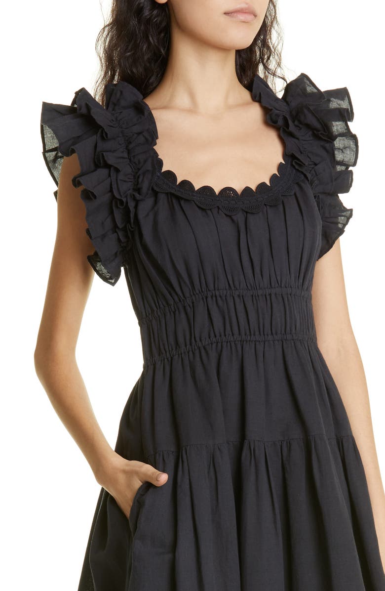 Ulla Johnson Leona Smocked Ruffle Linen Blend Midi Dress, Alternate, color,