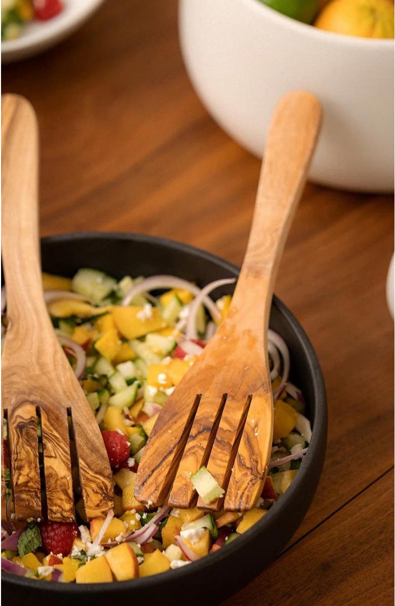 Gharyan Stoneware Olive Wood Serving Spatula Forks - Pair, Alternate, color, Natural