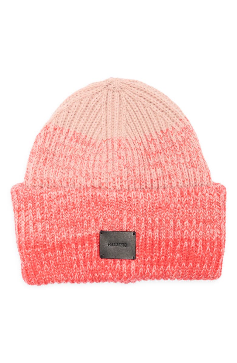 AllSaints Ombré Patch Beanie, Main, color, Pink Multi