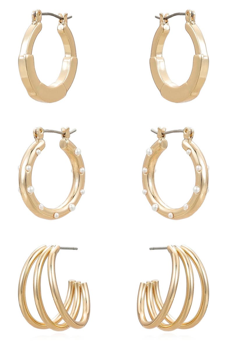 Triple Hoop Earrings Set, Alternate, color, GOLD