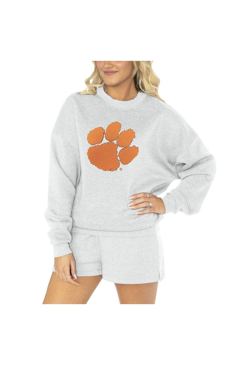 Women's Gameday Couture Ash Clemson Tigers Team Effort Pullover Sweatshirt & Shorts Sleep Set, Main, color, Ash