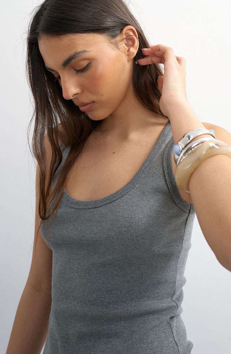 Topshop Rib Curved Hem Stretch Cotton Tank, Alternate, color, Grey