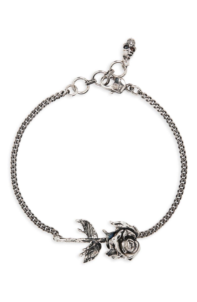 McQueen Dipped Rose Chain Bracelet, Main, color, Antique Silver