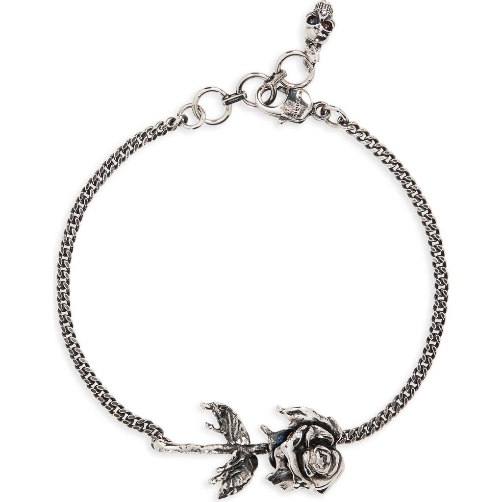 Alexander Mcqueen Chain Link Rose Bracelet With Adjustable Length In Antique Silver