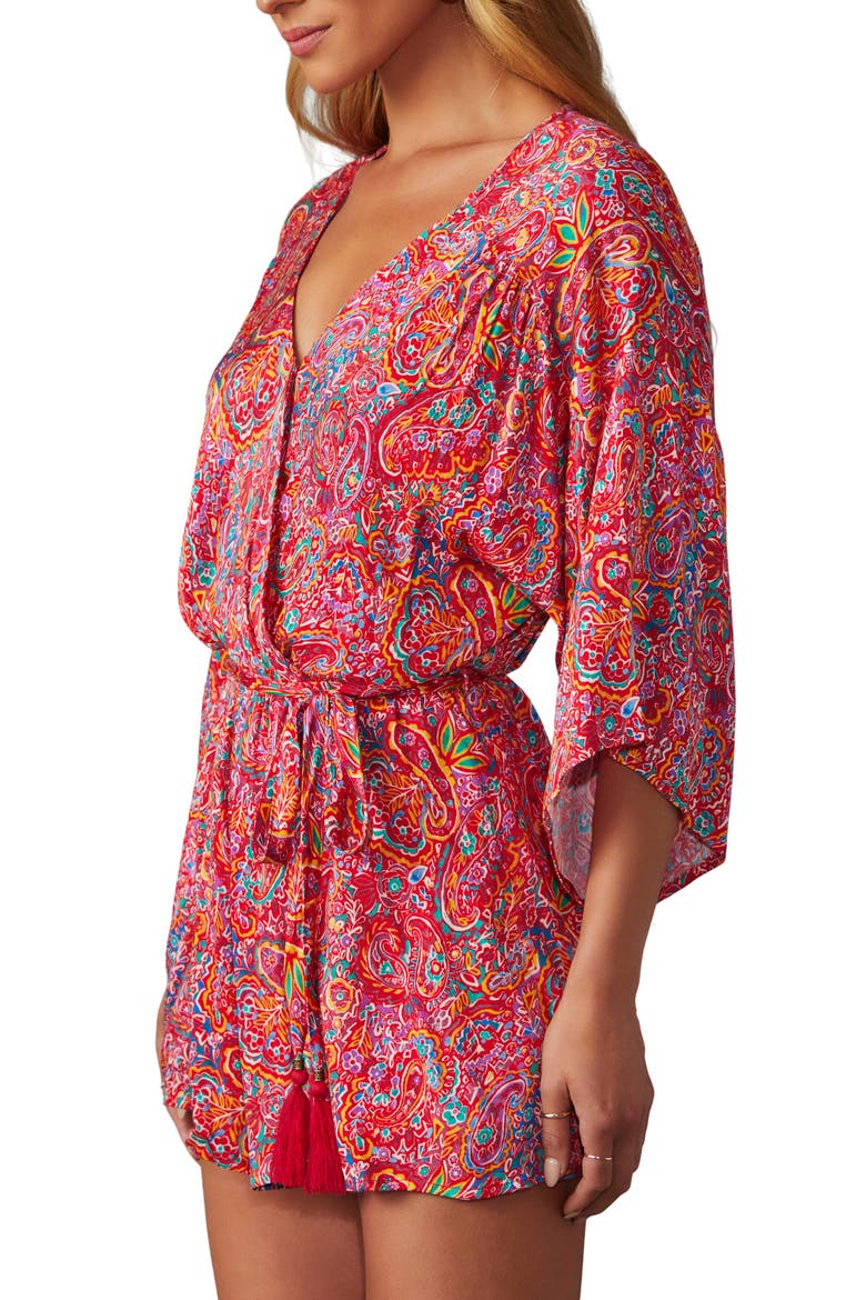 Halona Print Tie Waist Romper, Alternate, color, RUBY