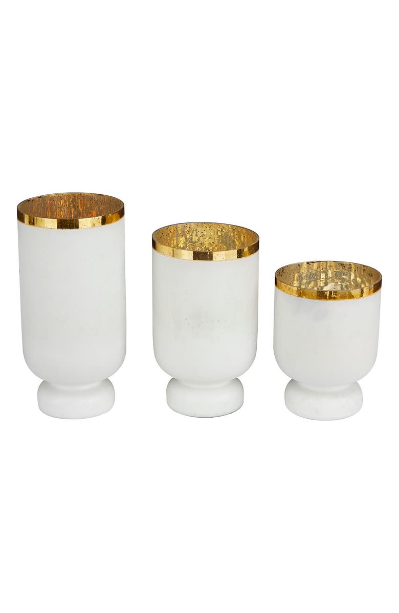 VIVIAN LUNE HOME White Glass Pillar Hurricane Lamp with Goldtone Interior - Set of 3, Alternate, color, White