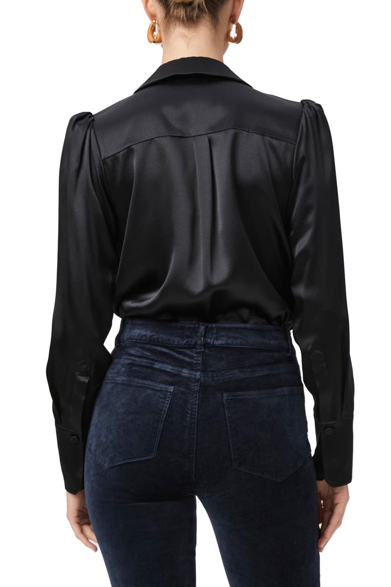 Nyla Long Sleeve Silk Satin Bodysuit, Alternate, color, BLACK