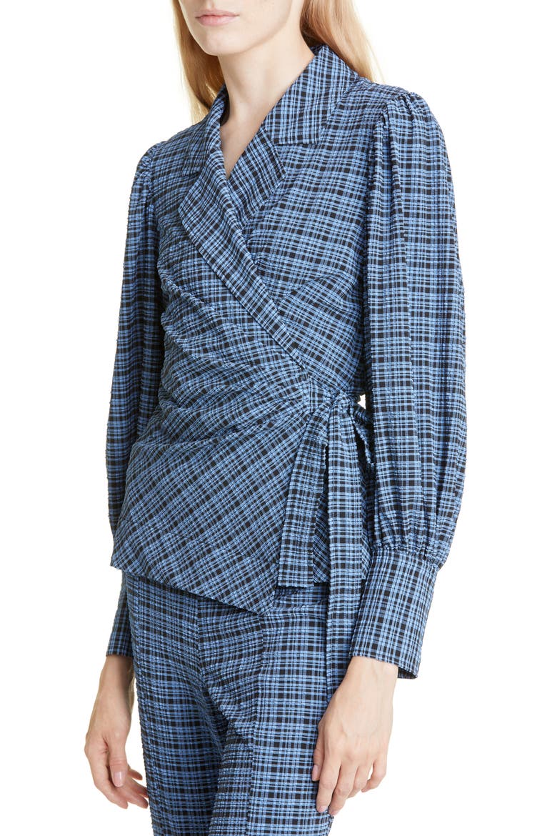 Check Seersucker Wrap Blouse, Alternate, color, MINI CHECK GRANADA SKY