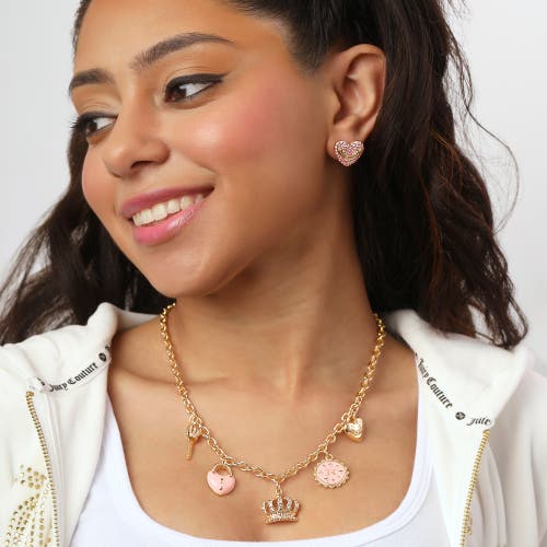 Juicy Couture Heart Crystal Stud Earrings, Gold-tone With Crystals In Pink