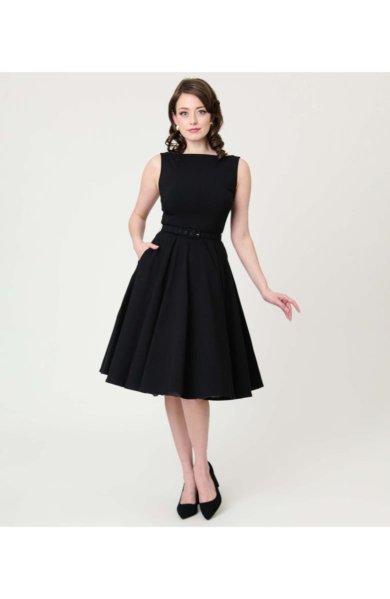 Unique Vintage Long Sleeve Belted Devon Swing Dress, Main, color, Black Solid
