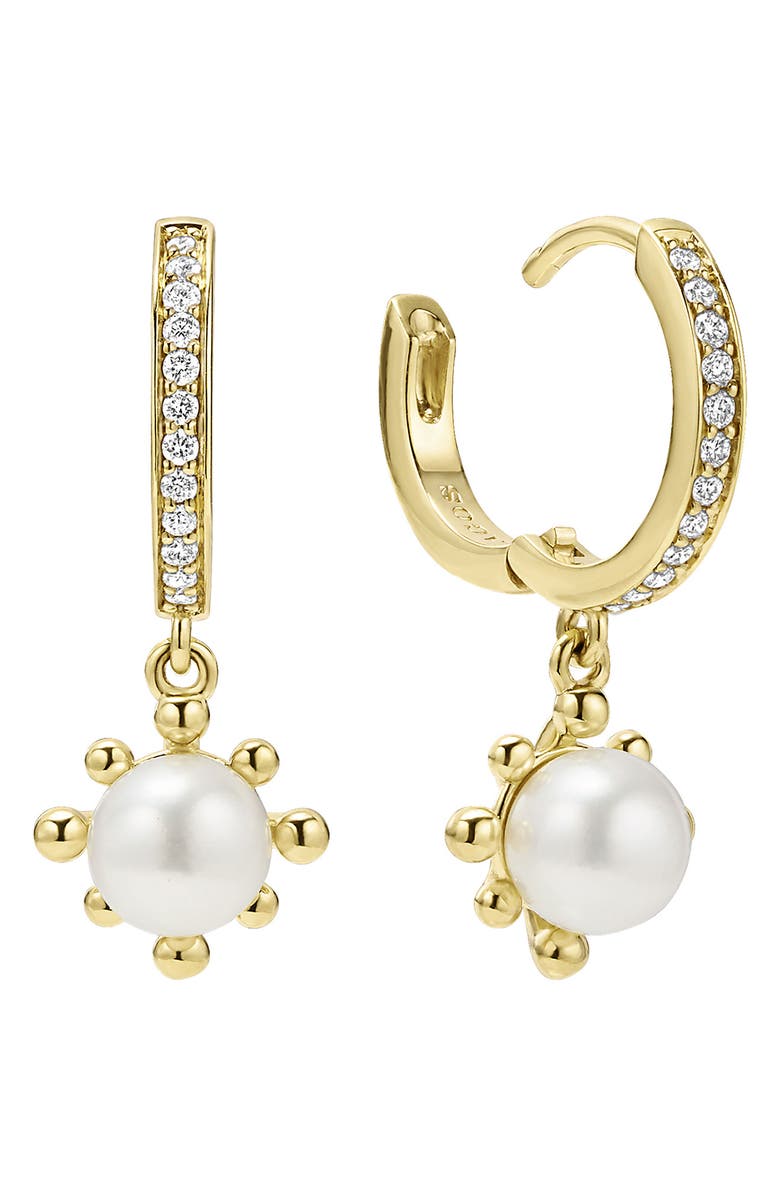 LAGOS 18K Luna Fleur Pearl & Diamond Drop Hoop Earrings, Alternate, color, Gold