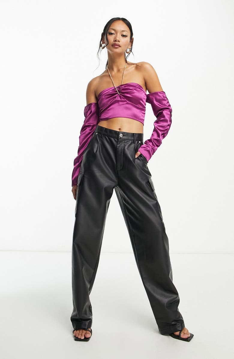 ASOS DESIGN Chain Detail Satin Halter Crop Top, Alternate, color, Purple