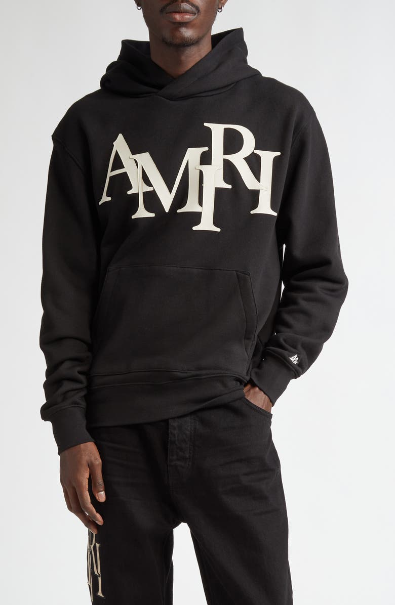AMIRI Oversize Staggered Logo Pullover Hoodie, Main, color, Black