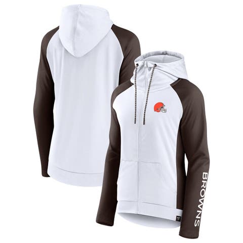 Women's Fanatics Branded White/Brown Cleveland Browns End Around Lightweight Raglan Full-Zip Hoodie Jacket