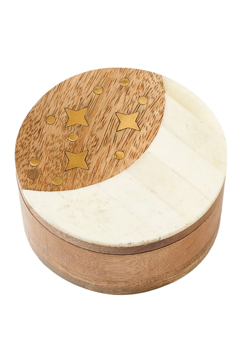 Nakshatra Moon Stars Pivot Box - Bone, Wood, Brass, Main, color, White/Gold
