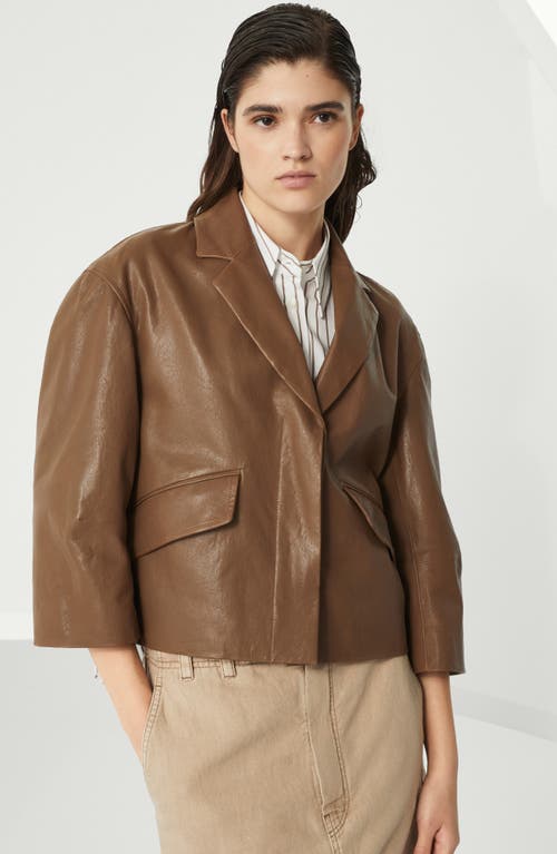 Brunello Cucinelli Embellished Polished Leather Outerwear Blazer In Brown