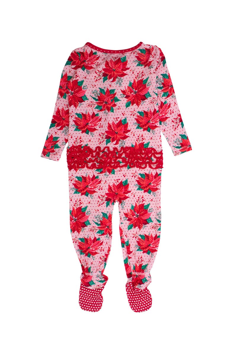 RuffleButts SoftSnooze Girls Holiday Ruffle One Piece Footie Pajamas, Alternate, color, Poinsettia Wonderland