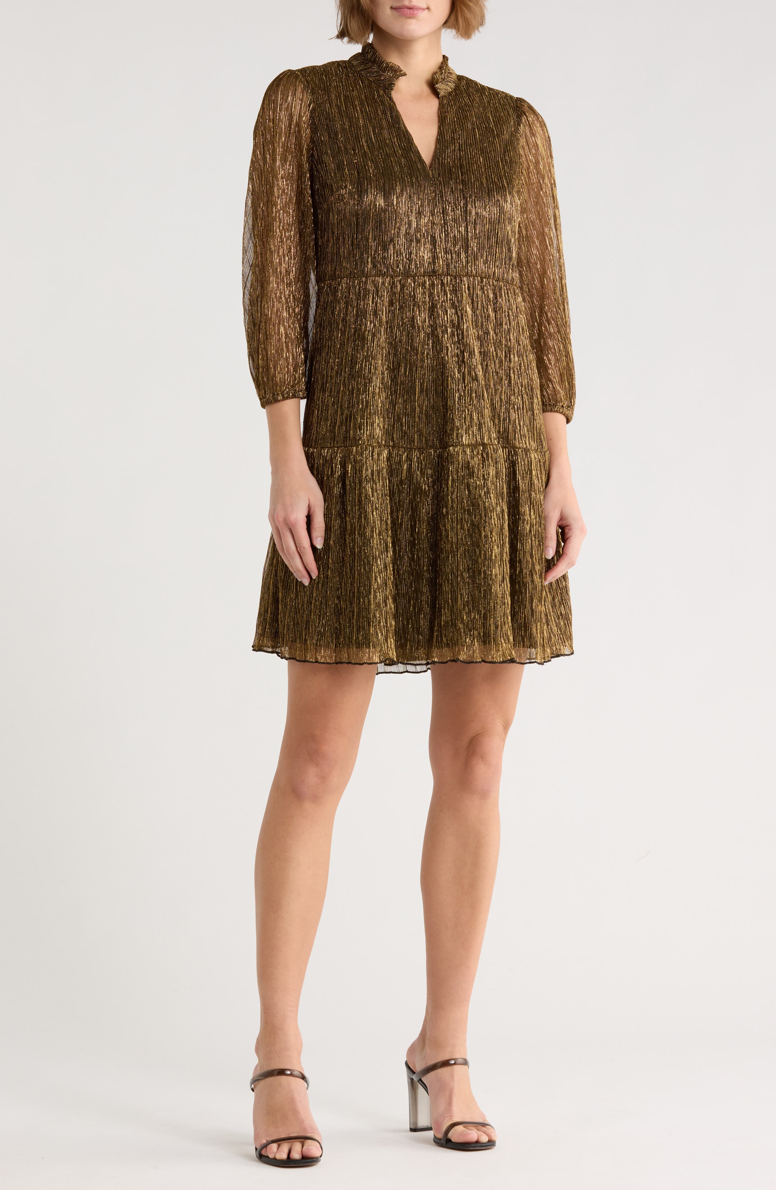 Vince Camuto Novelty Ruffle Neck Long Sleeve Trapeze Dress