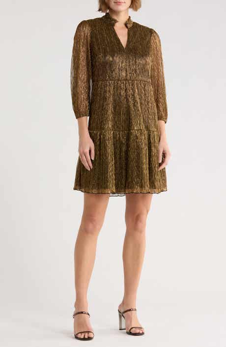 Vince Camuto Novelty Ruffle Neck Long Sleeve Trapeze Dress