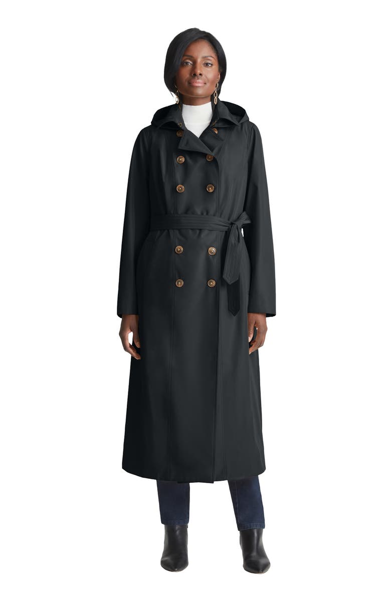 Jessica London Double Breasted Long Trench Raincoat, Main, color, Black
