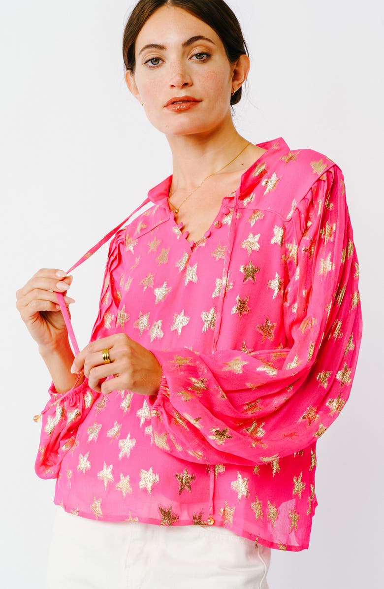 CIEBON Burnelle Metallic Star Long Sleeve Peasant Top, Alternate, color, Neon Pink