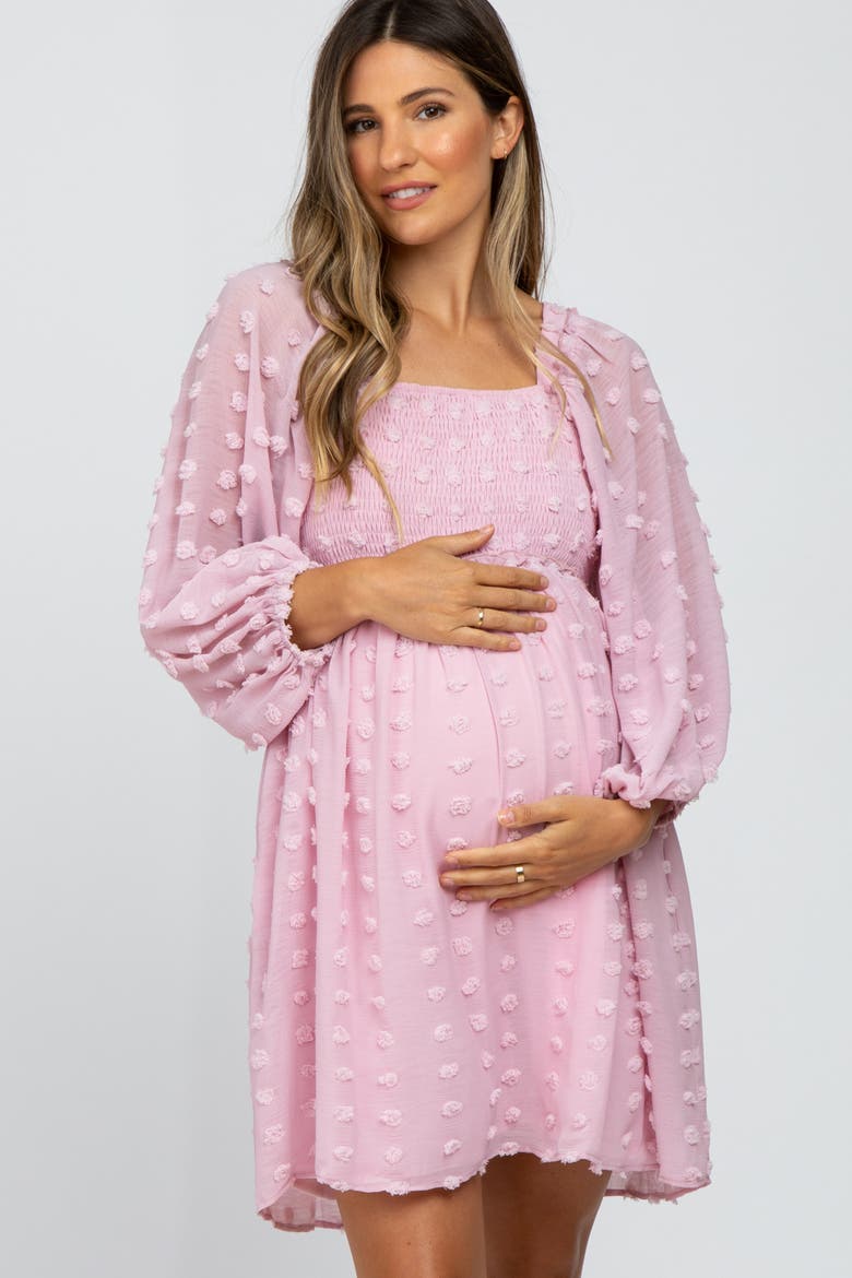 Textured Dot Smocked Square Neck Chiffon Dress, Alternate, color, Pink