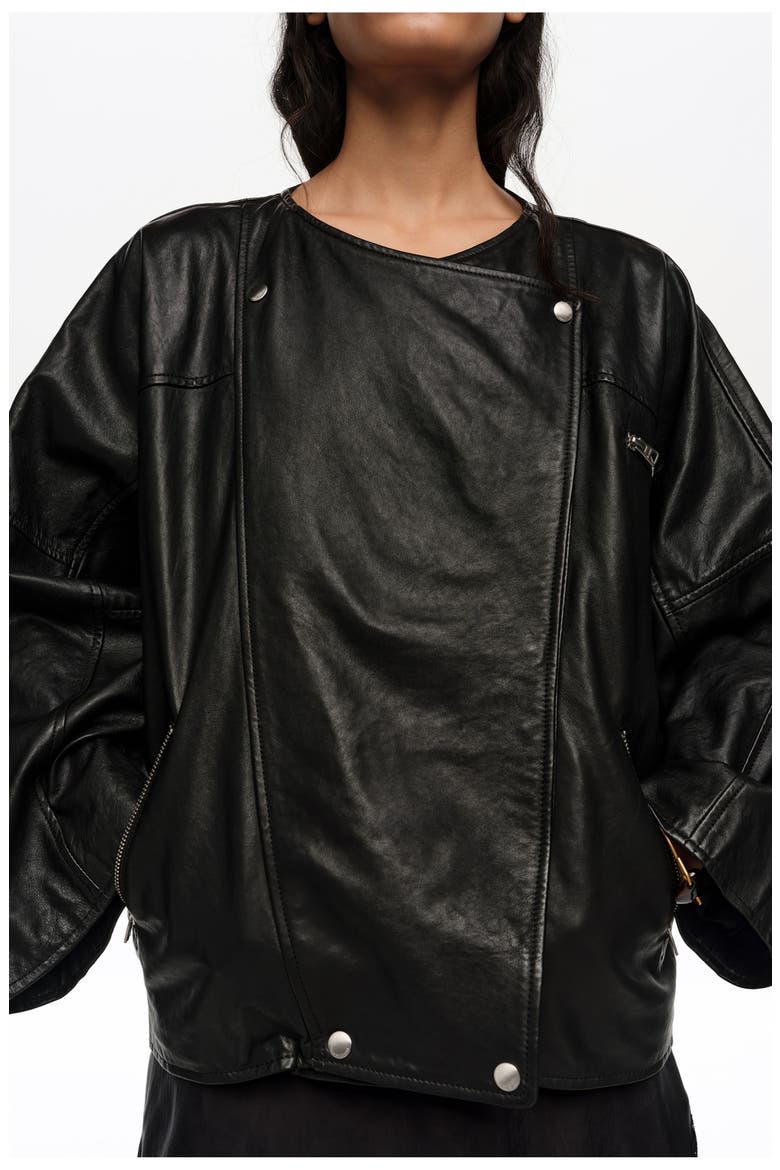 Leather Double-Breasted Jacket, Alternate, color, BLACK
