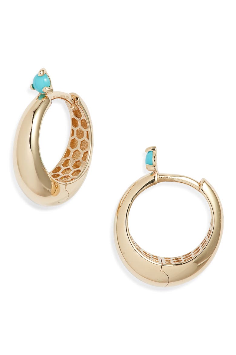 14K Gold Prong Turquoise Tapered Dome Hinge Hoop Earrings, Main, color, YELLOW GOLD