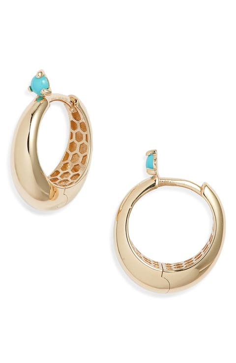 14K Gold Prong Turquoise Tapered Dome Hinge Hoop Earrings