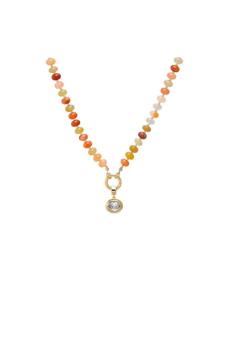 Colored Natural Stone Beaded /CZ Oval Bezel Charm Necklace, Main, color, Light Yellow