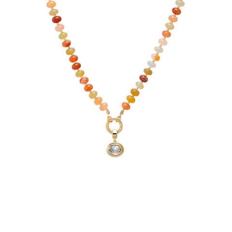 Colored Natural Stone Beaded /CZ Oval Bezel Charm Necklace