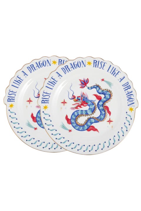 Luohu Porcelain Dessert Plate Dragon 8" Set of 3