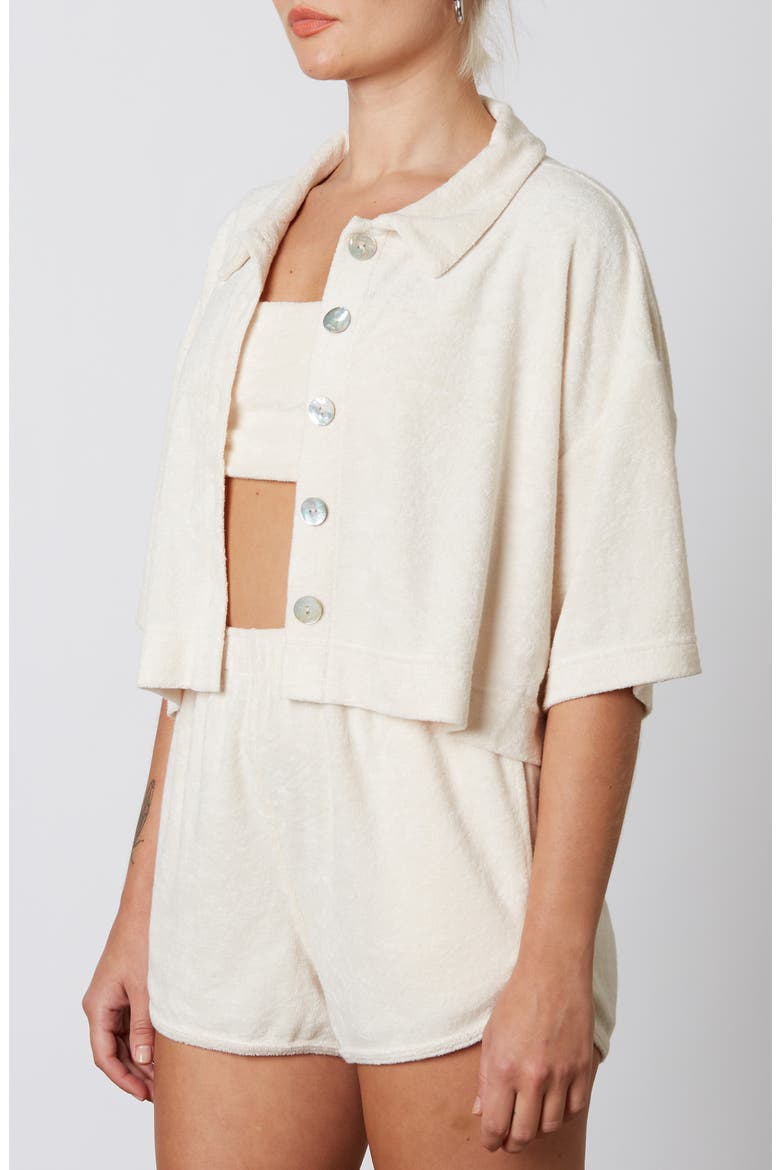 Crop Terry Button-Up Shirt, Alternate, color, STONE