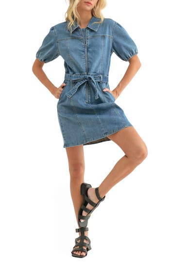 Wishlist Puff Sleeve Belted Denim Minidress In Blue