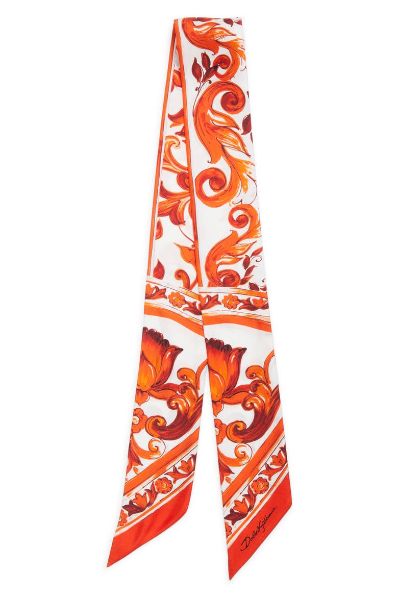 Majolica Print Silk Skinny Scarf, Alternate, color, MIX MAIOLICA ORANGE
