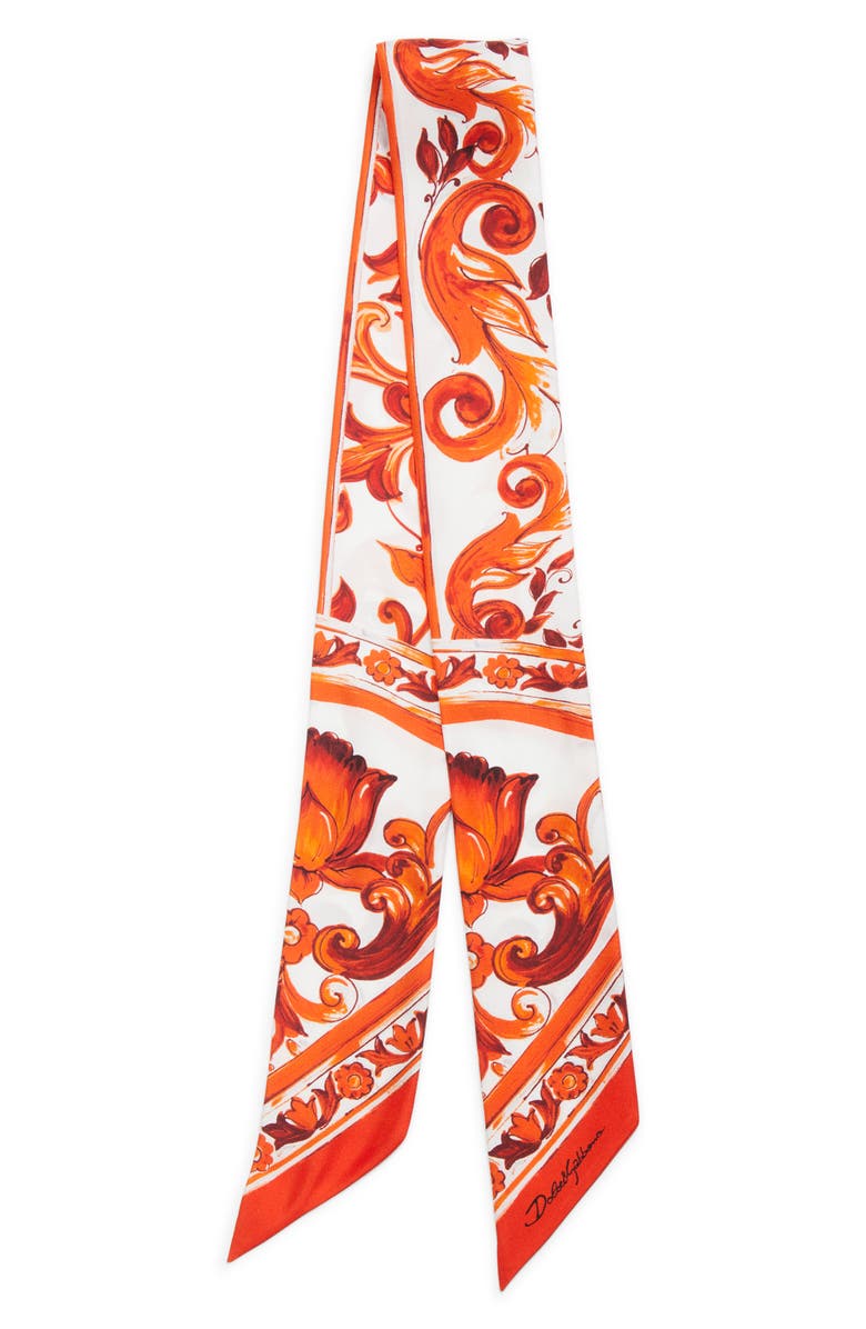 Dolce&Gabbana Majolica Print Silk Skinny Scarf, Alternate, color, Mix Maiolica Orange
