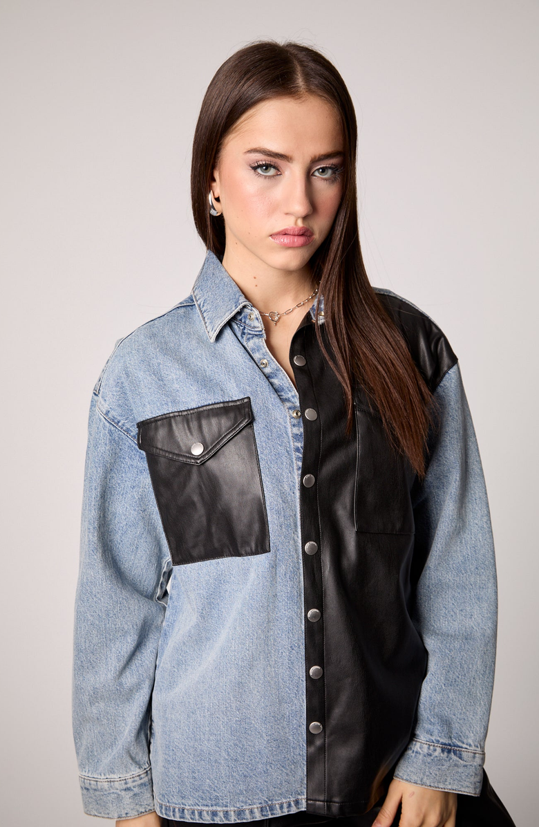 BLUE REVIVAL UNreal Leather & Denim Shacket, Alternate, color, Nashville / Black
