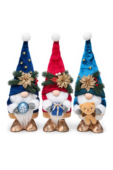 Poinsettia Blue Red And Teal Christmas Plush Gnome Set
