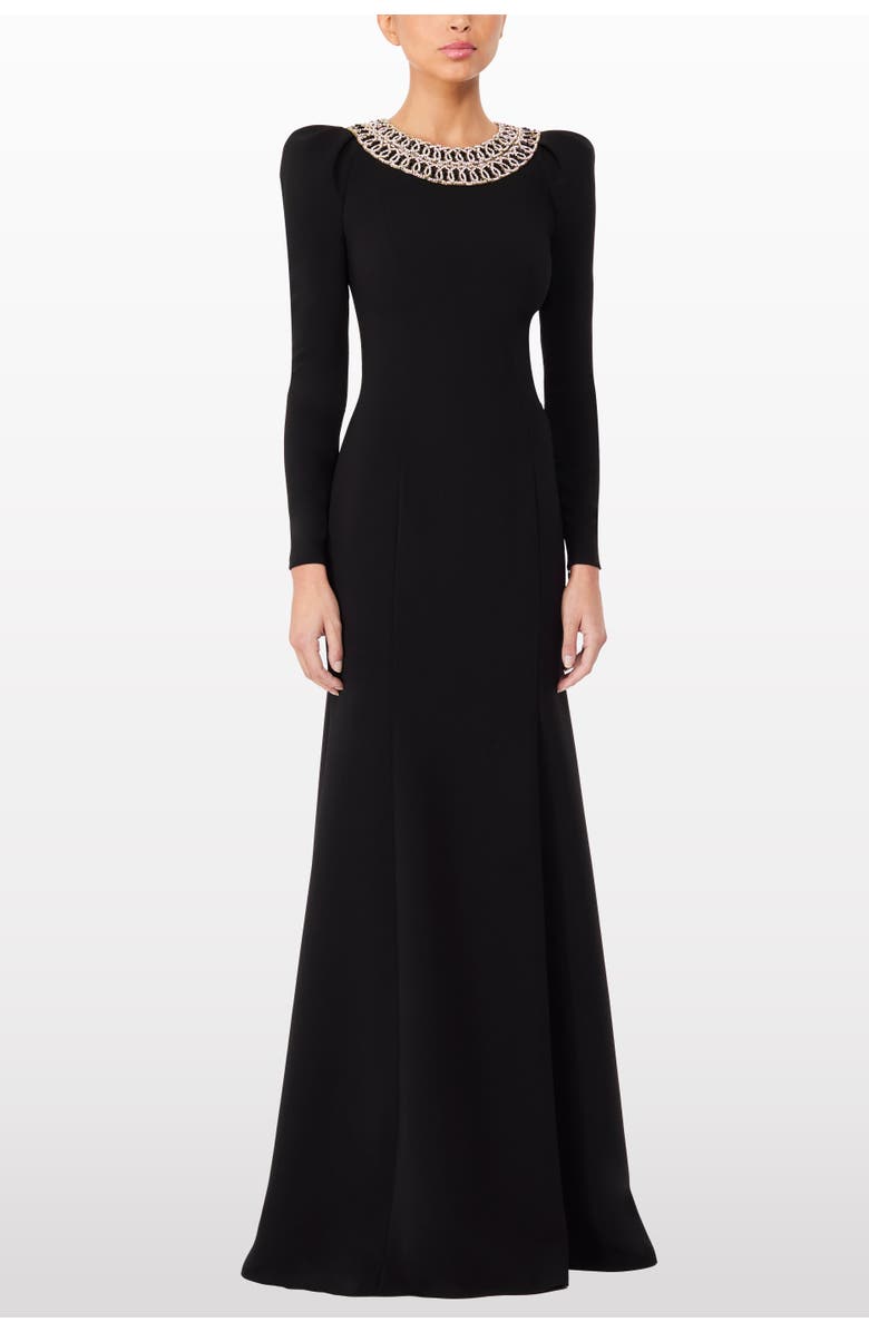 Jenny Packham Glory collar-embellished puff-shoulders maxi dress, Alternate, color, Liquorice