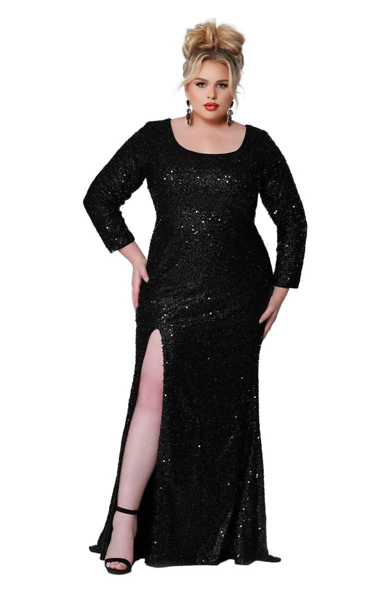 Sydney
s Closet Long Sleeve Fitted Scoop Neck Sequin Plus Size Gown, Main, color, Onyx