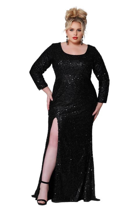 Long Sleeve Fitted Scoop Neck Sequin Plus Size Gown