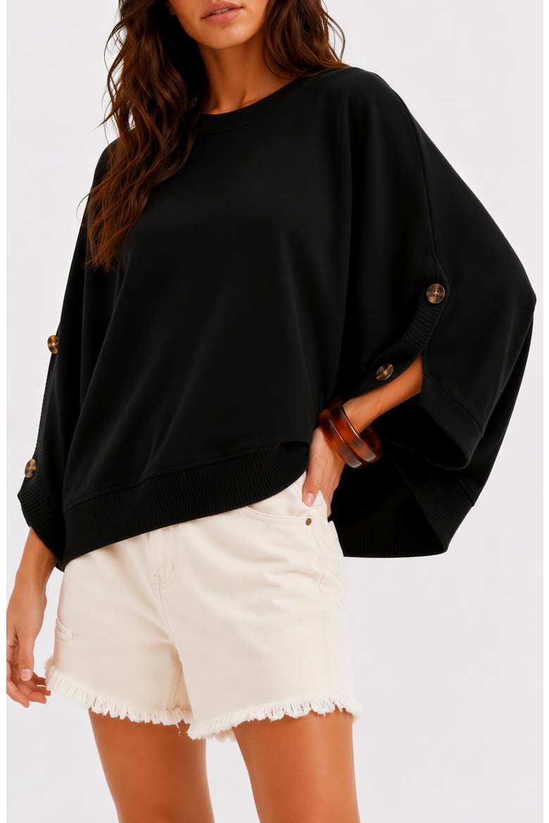 Geo Button Sleeve Cotton Sweater, Main, color, BLACK