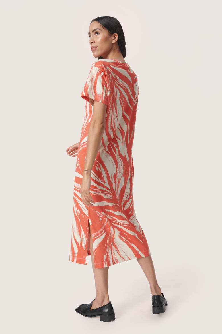 Eva Short Sleeve Crew Neck Midi Dress, Alternate, color, Hot Coral Wave