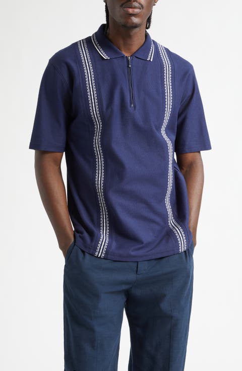 Stripe Jacquard Trim Zip Polo