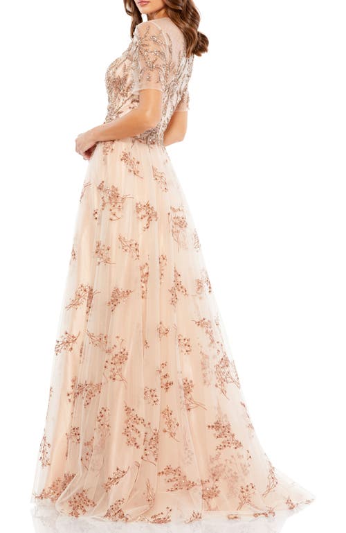 Mac Duggal Embellished Illusion Short Sleeve A Line Gown In Champagne