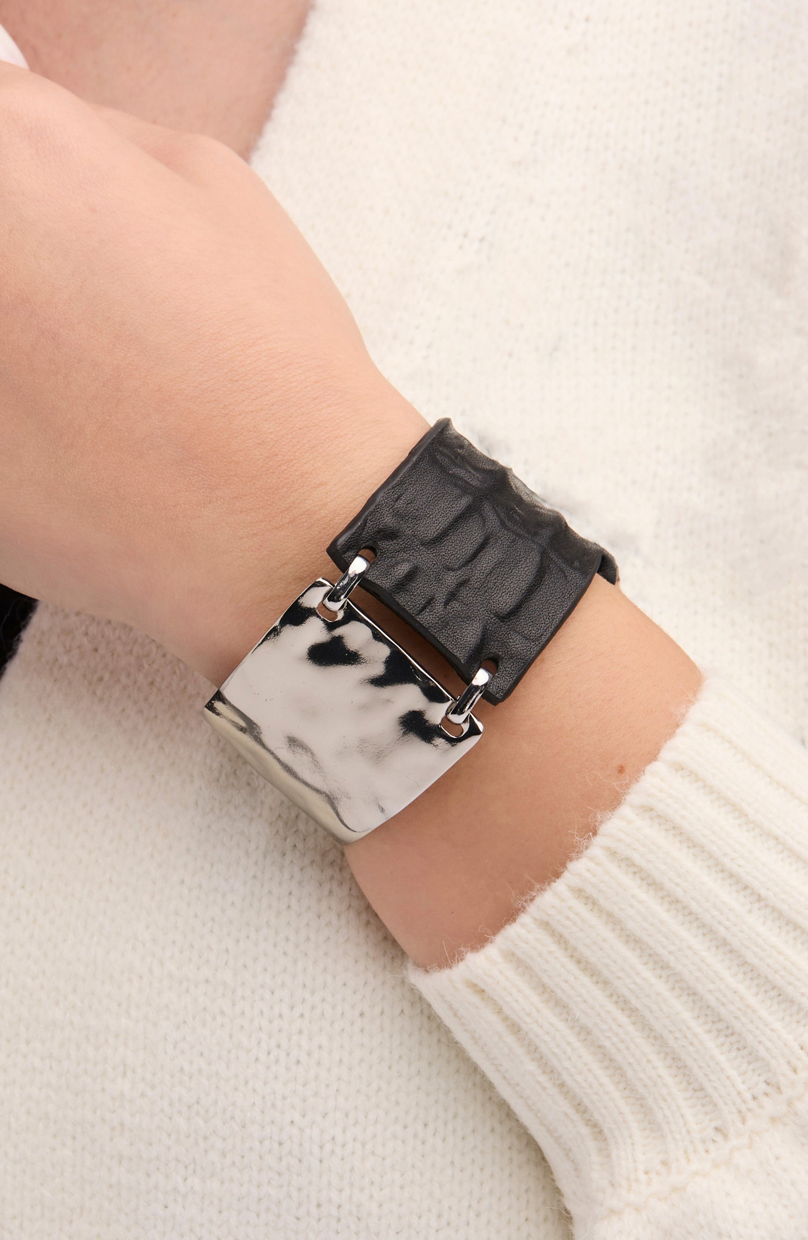 SAACHI Hammered Metal & Leather Cuff Bracelet (Women) | Nordstromrack