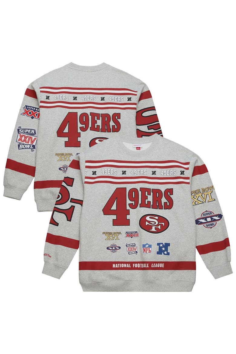 Men's Mitchell & Ness  Heather Gray San Francisco 49ers All Over Print Vintage Fleece Crewneck Sweatshirt, Main, color, Heather Gray